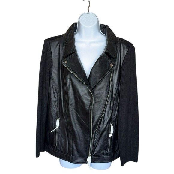 Linea by Louis Dell’Olio Soft Leather Moto Jacket Black Knit Back Sleeves 18W - Picture 3 of 16